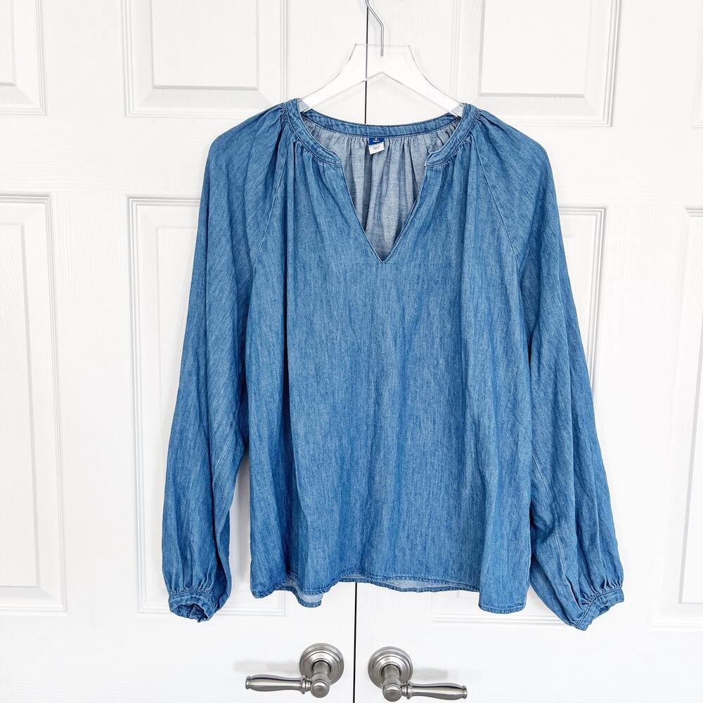 Old Navy Chambray Peasant Blouse Split Neck Denim Top Tall
